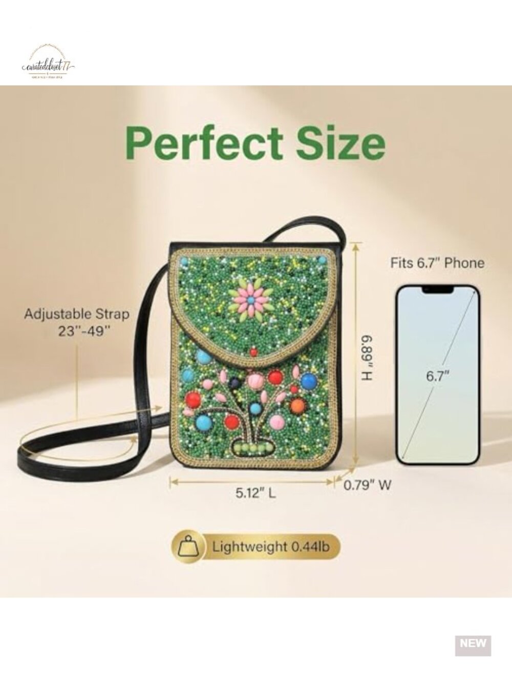 Handmade Beaded Crossbody Bag with Leather Trim, Adjustable Strap, Fits Cell - Picture 2 of 6